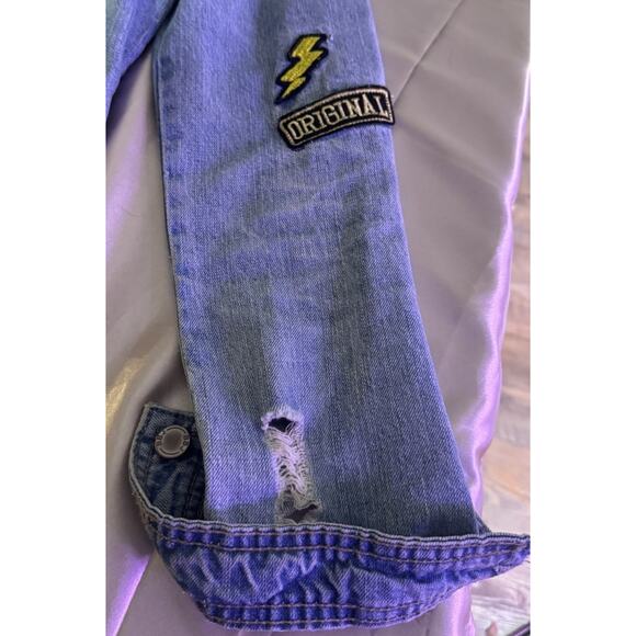 Boom Boom Distressed Jean Jacket Patches Trucker Y2k Festival Cropped Grunge - Picture 5 of 10